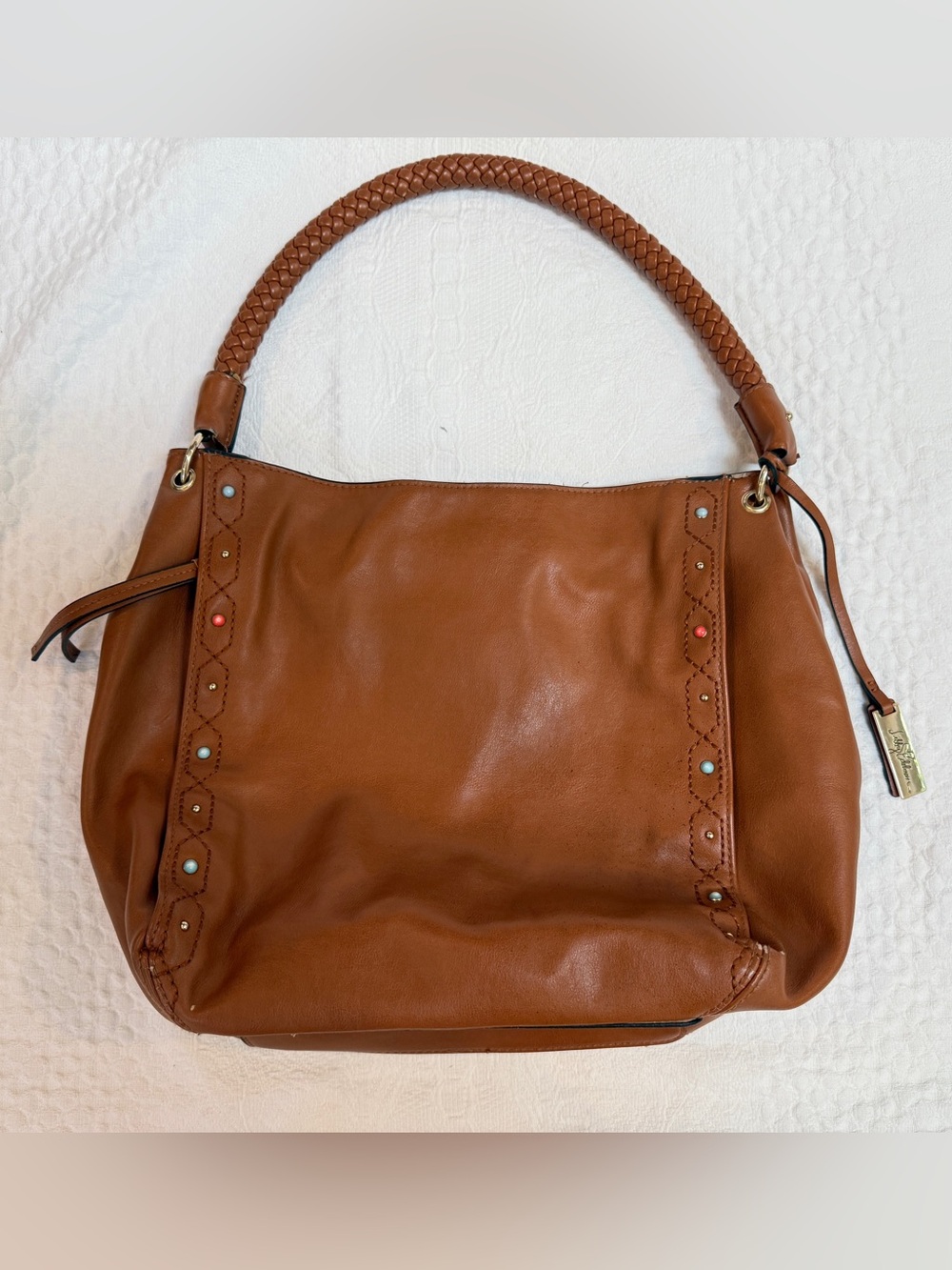 Libby Edelman Brown Shoulder Bag Bead Detail Vegan Leather Purse
